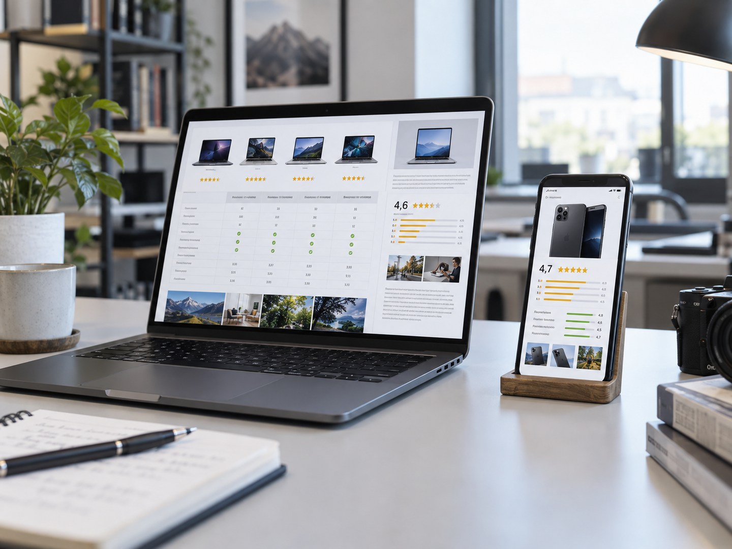 Arbeitsplatz mit Laptop, Smartphone und Test-Dashboards